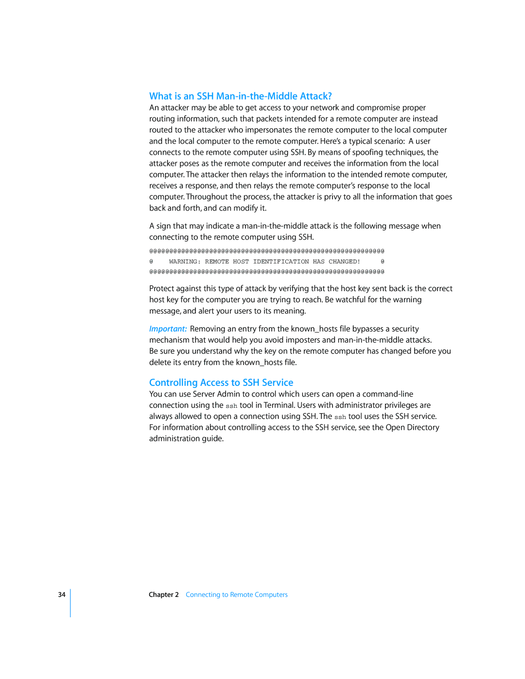 Apple Mac OS X Server manual What is an SSH Man-in-the-Middle Attack?, Controlling Access to SSH Service 