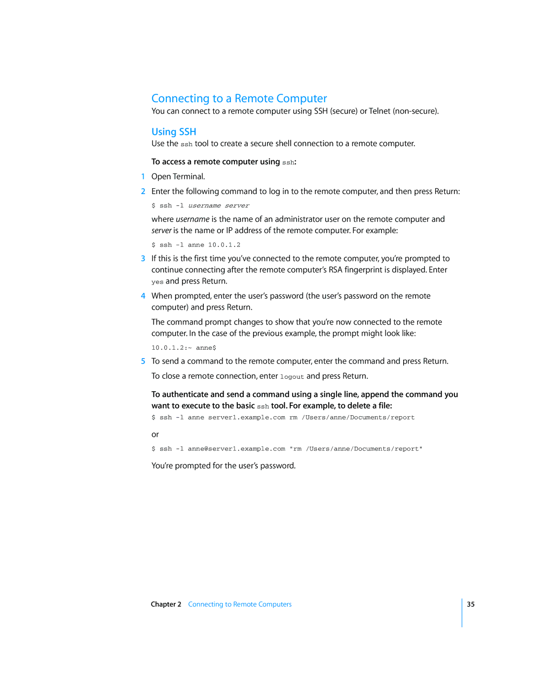 Apple Mac OS X Server manual Connecting to a Remote Computer, Using SSH, To access a remote computer using ssh 