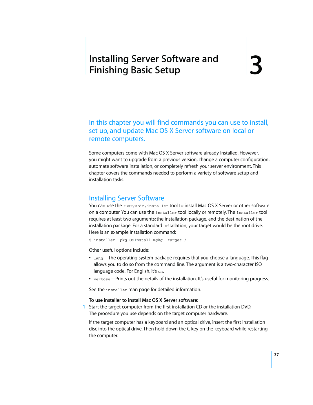 Apple manual Installing Server Software, To use installer to install Mac OS X Server software 