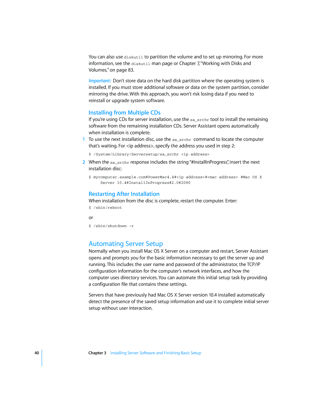 Apple Mac OS X Server manual Automating Server Setup, Installing from Multiple CDs, Restarting After Installation 