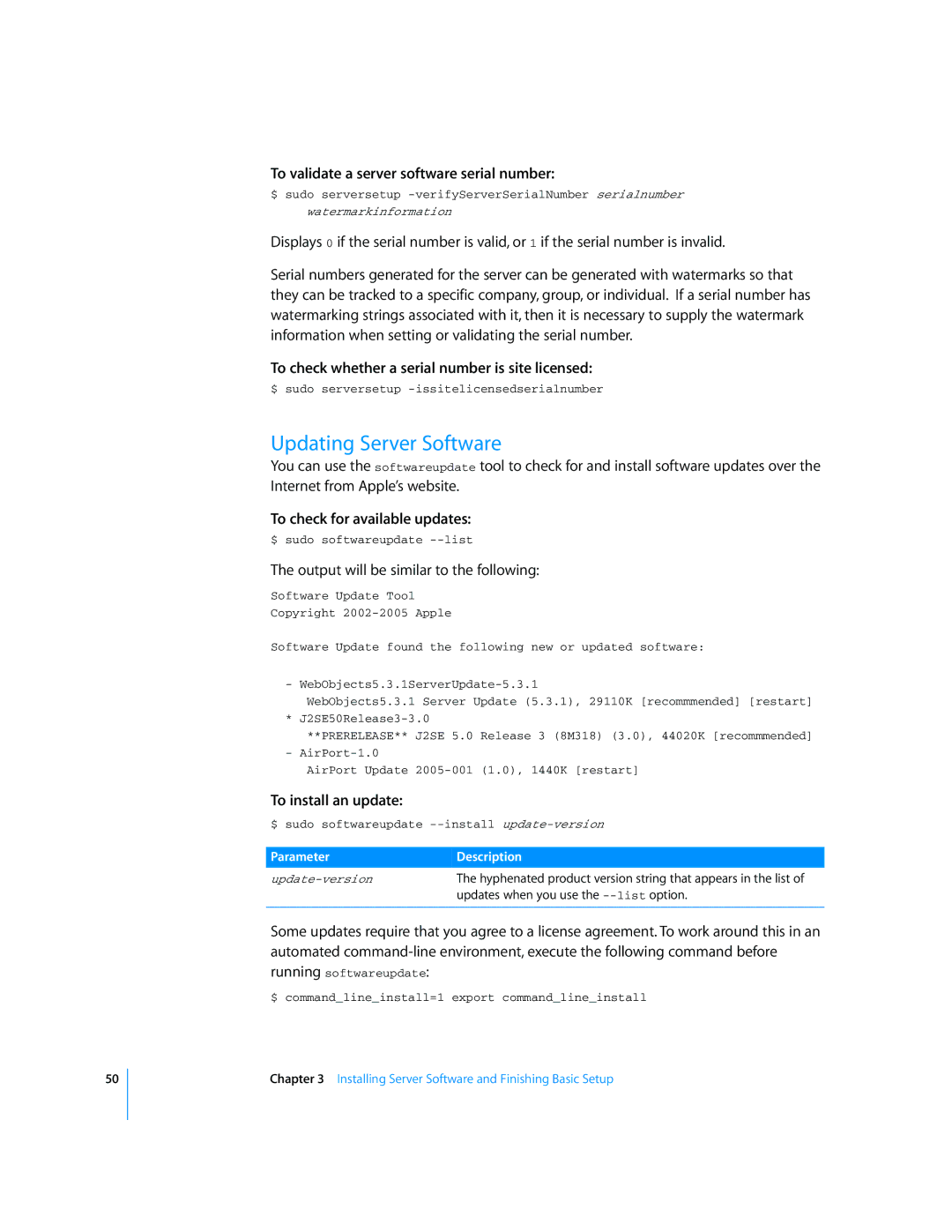 Apple Mac OS X Server manual Updating Server Software, To validate a server software serial number, To install an update 