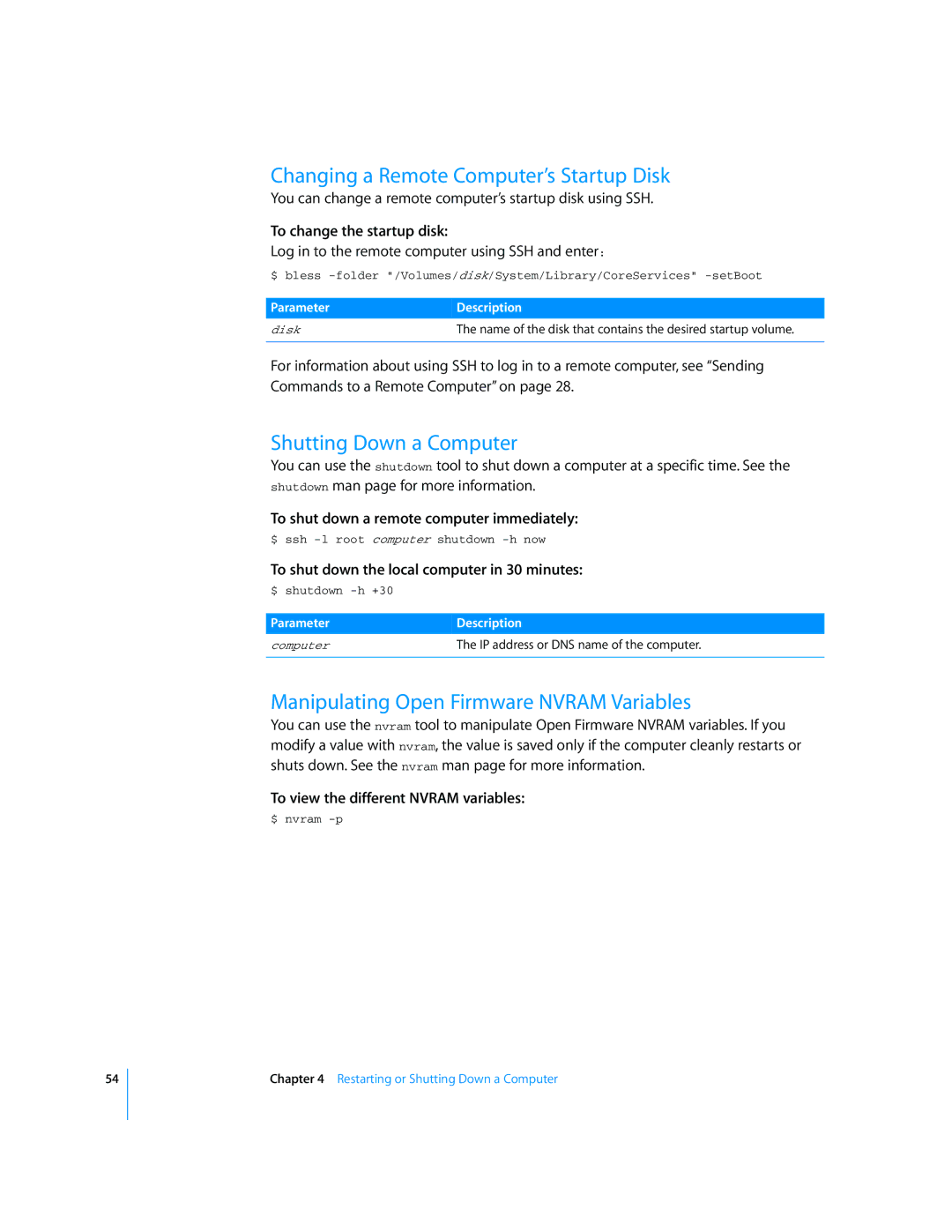 Apple Mac OS X Server manual Changing a Remote Computer’s Startup Disk, Shutting Down a Computer 