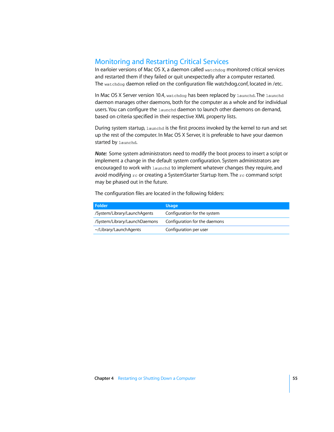 Apple Mac OS X Server manual Monitoring and Restarting Critical Services, Folder Usage 