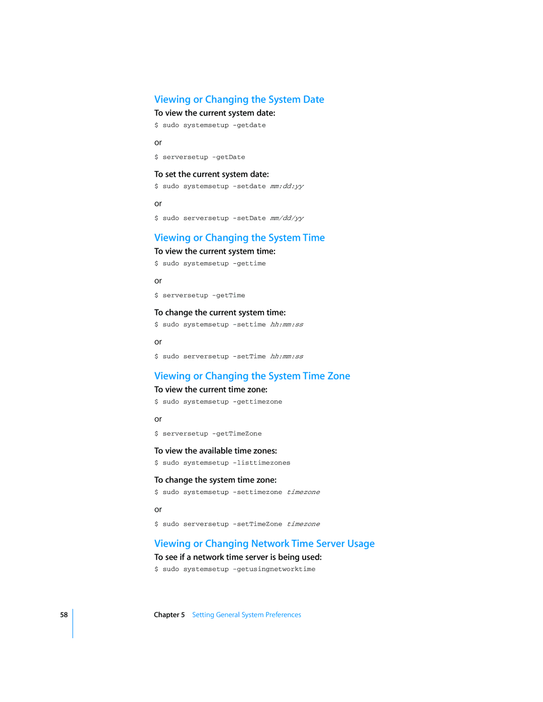 Apple Mac OS X Server manual Viewing or Changing the System Date, Viewing or Changing the System Time 