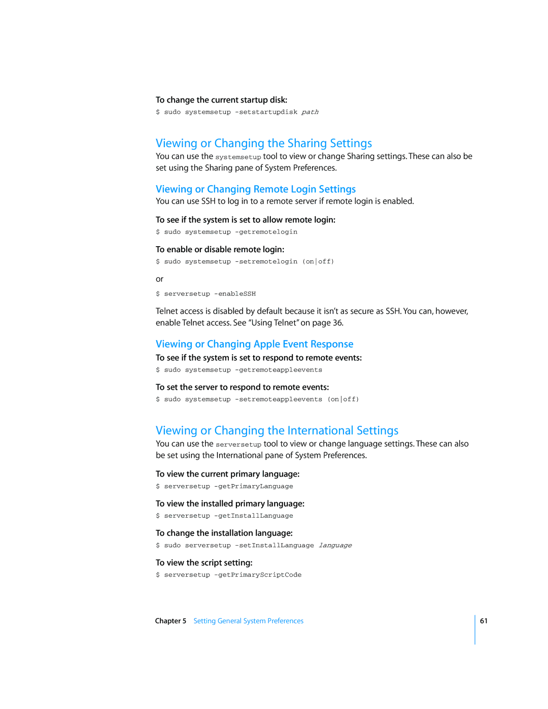 Apple Mac OS X Server manual Viewing or Changing the Sharing Settings, Viewing or Changing the International Settings 