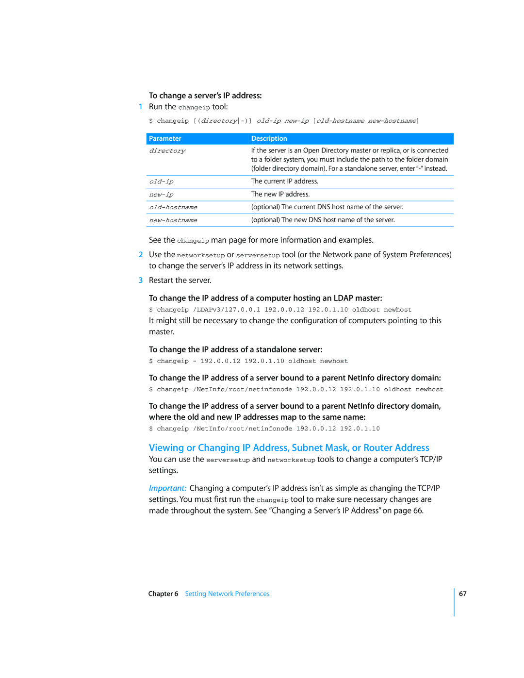 Apple Mac OS X Server manual To change a server’s IP address, Run the changeip tool 