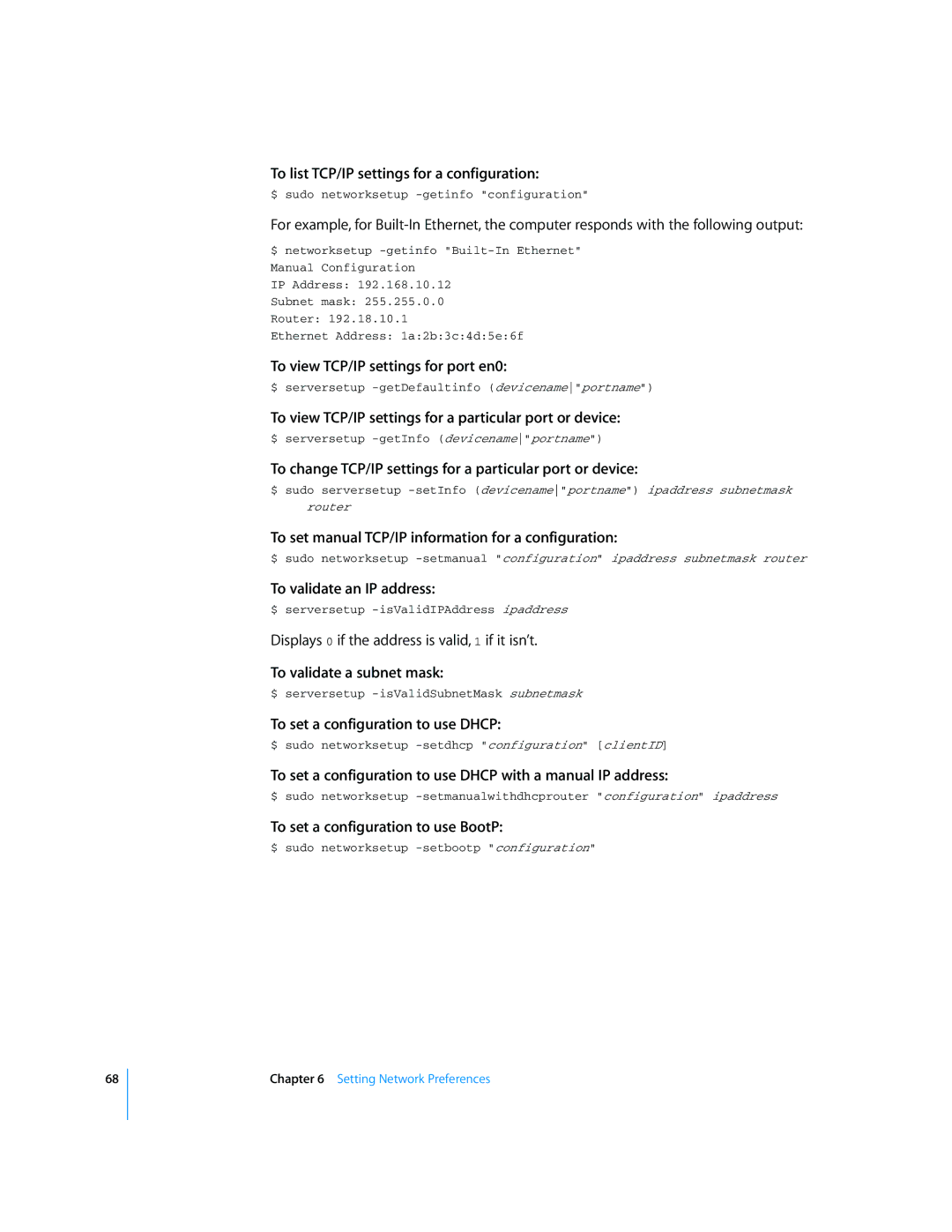 Apple Mac OS X Server manual To list TCP/IP settings for a configuration, To view TCP/IP settings for port en0 