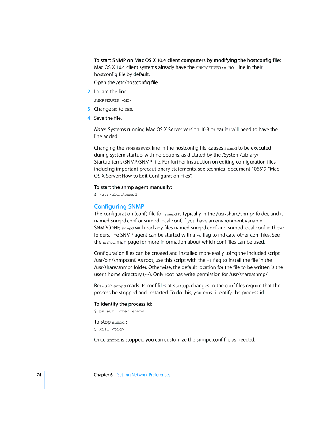 Apple Mac OS X Server Configuring Snmp, To start the snmp agent manually, To identify the process id, To stop snmpd 