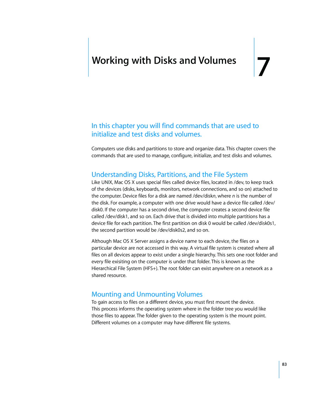 Apple Mac OS X Server manual Understanding Disks, Partitions, and the File System, Mounting and Unmounting Volumes 