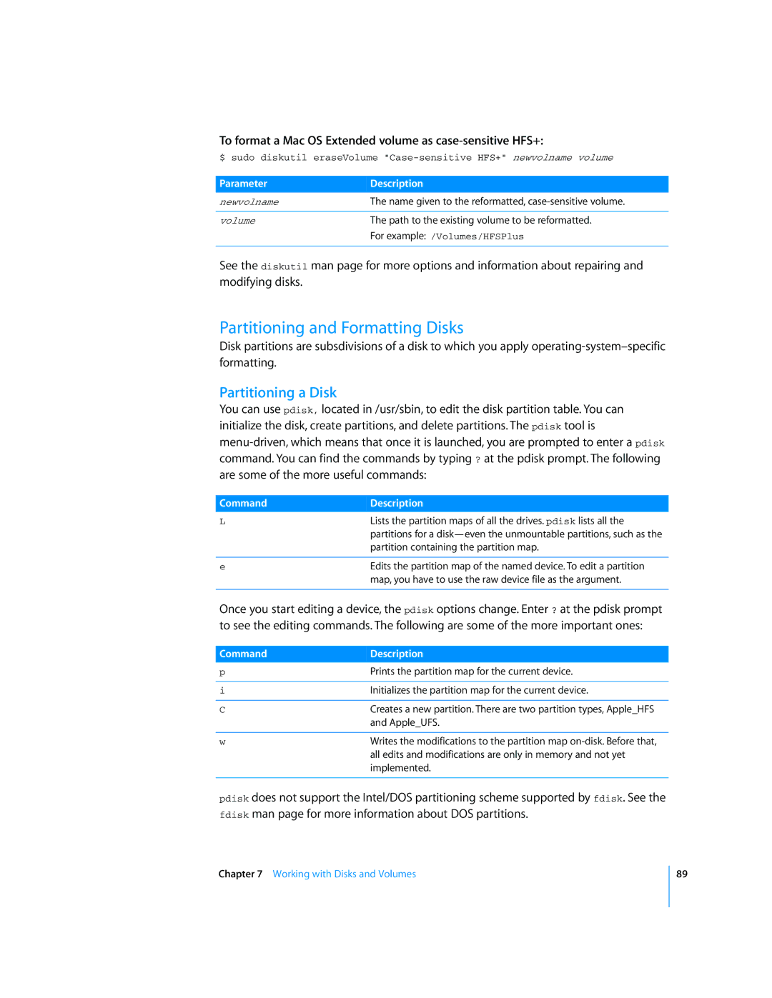 Apple Mac OS X Server manual Partitioning and Formatting Disks, Partitioning a Disk, Command Description 