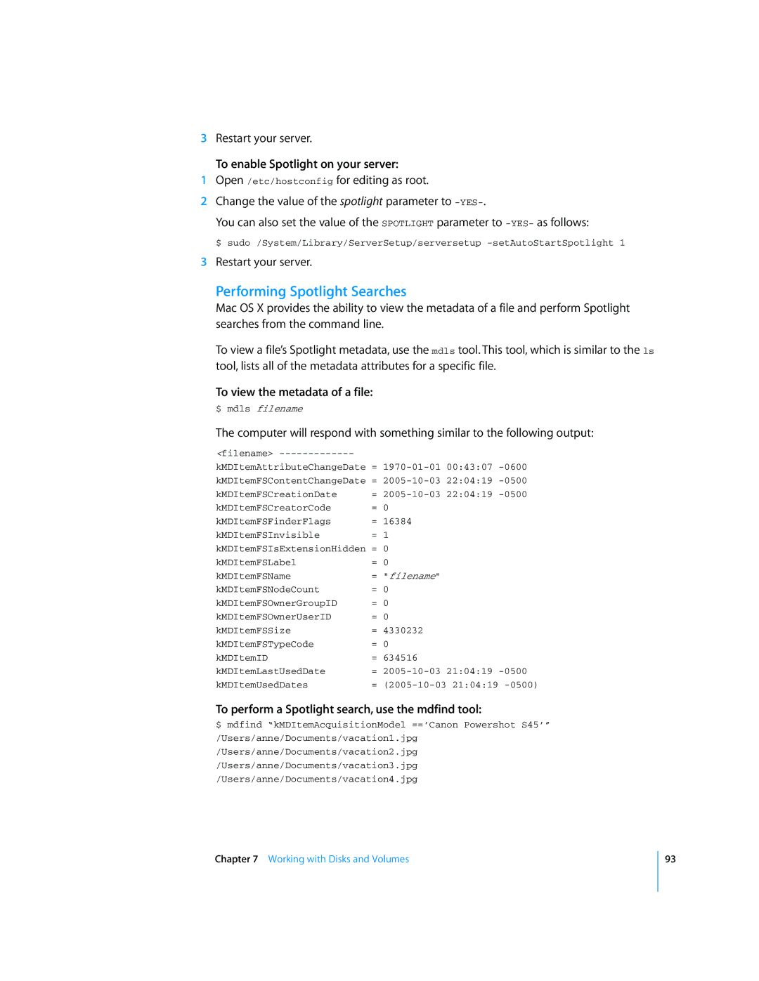 Apple Mac OS X Server manual Performing Spotlight Searches, Restart your server, To enable Spotlight on your server 