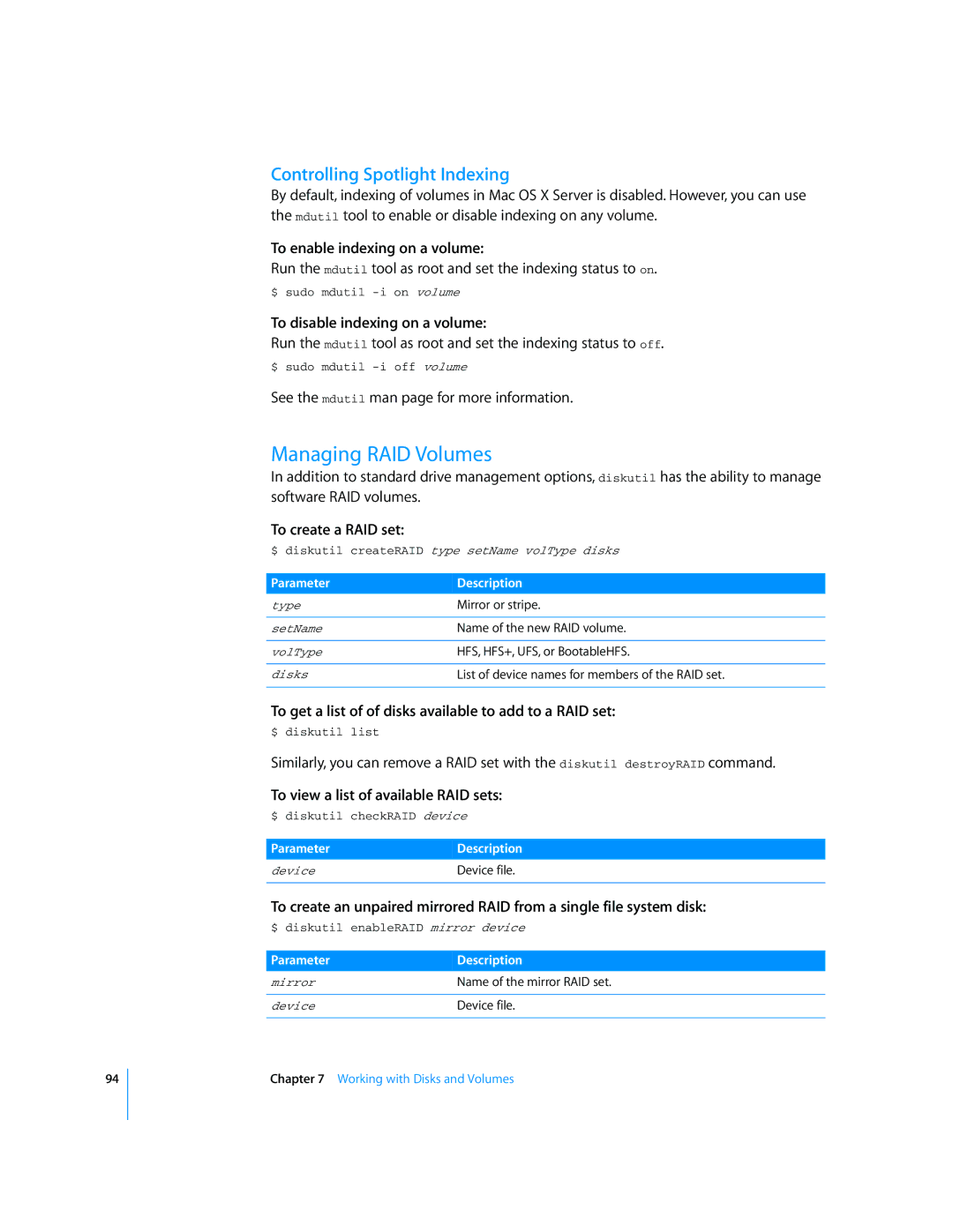 Apple Mac OS X Server manual Managing RAID Volumes, Controlling Spotlight Indexing 