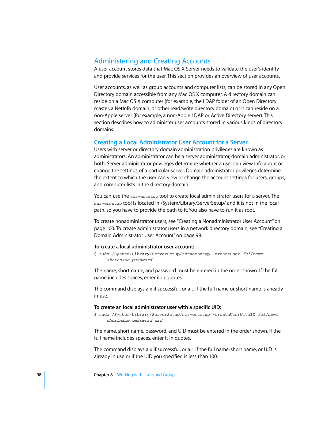 Apple Mac OS X Server manual Administering and Creating Accounts, Creating a Local Administrator User Account for a Server 