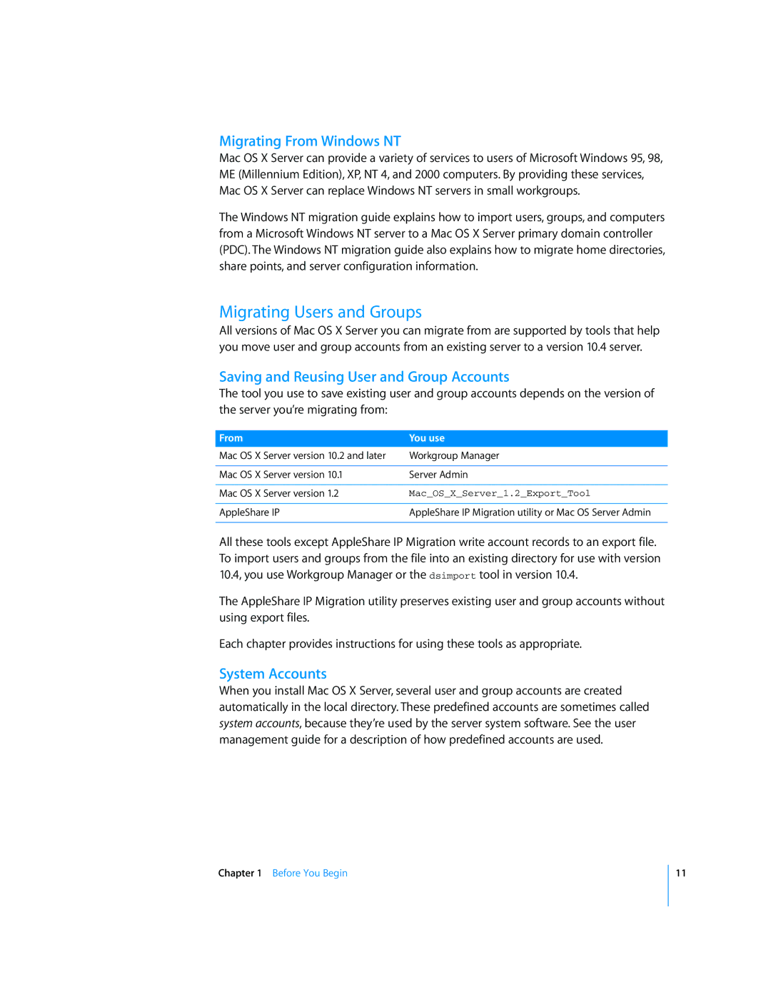 Apple Mac OS X manual Migrating Users and Groups, Migrating From Windows NT 