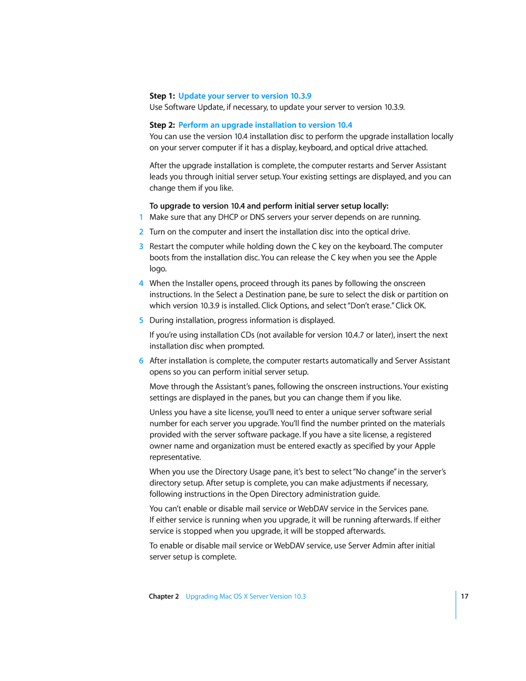 Apple Mac OS X manual Update your server to version, Perform an upgrade installation to version 
