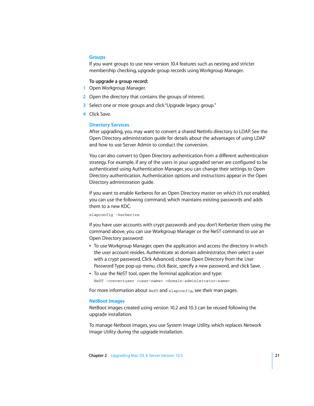 Apple Mac OS X manual Groups, To upgrade a group record, Directory Services, NetBoot Images 