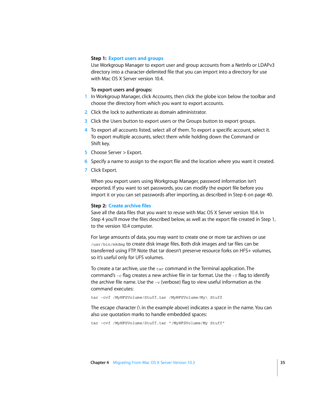 Apple Mac OS X manual Export users and groups, To export users and groups, Create archive files 