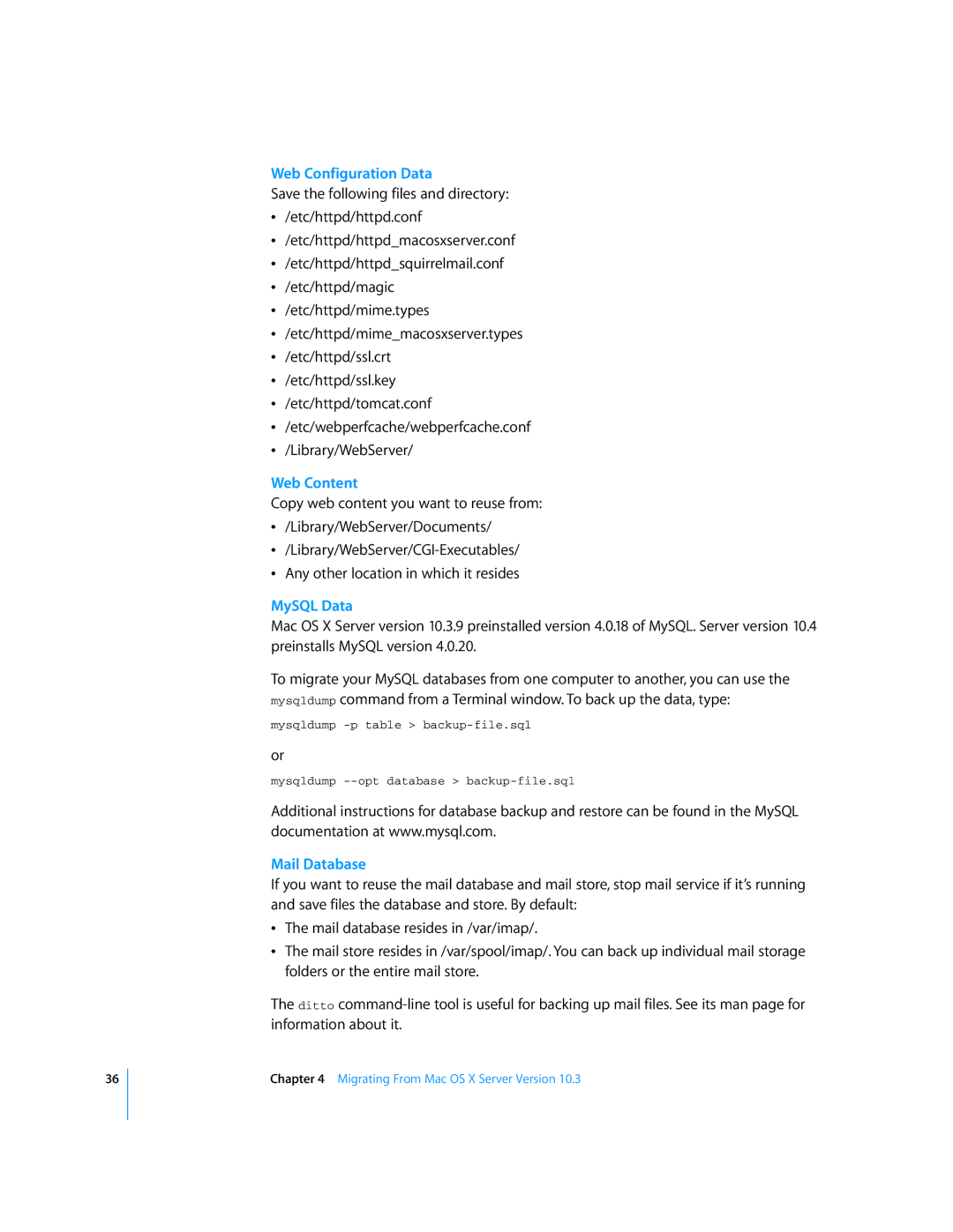 Apple Mac OS X manual Web Configuration Data, Web Content, MySQL Data, Mail Database 