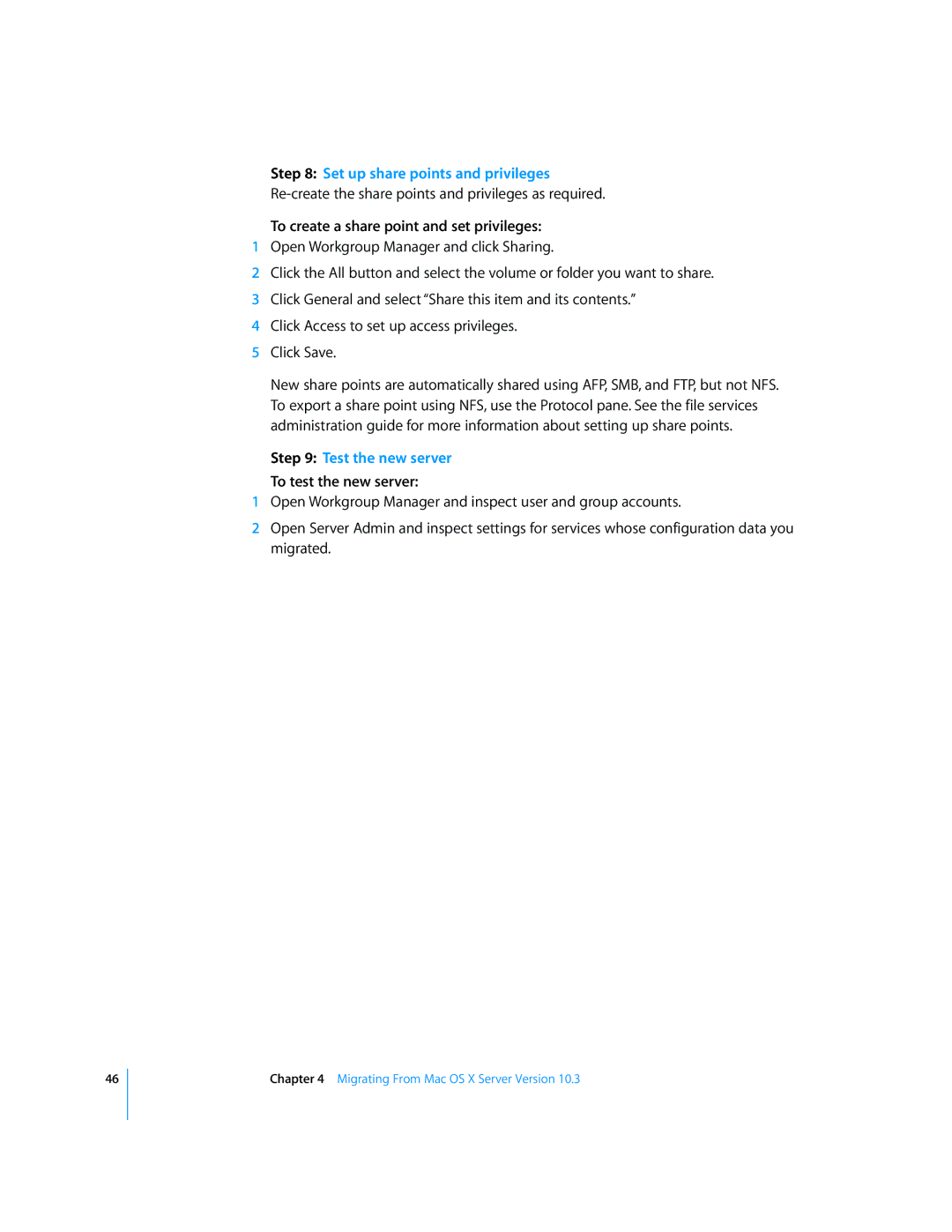 Apple Mac OS X manual Set up share points and privileges, To create a share point and set privileges, Test the new server 
