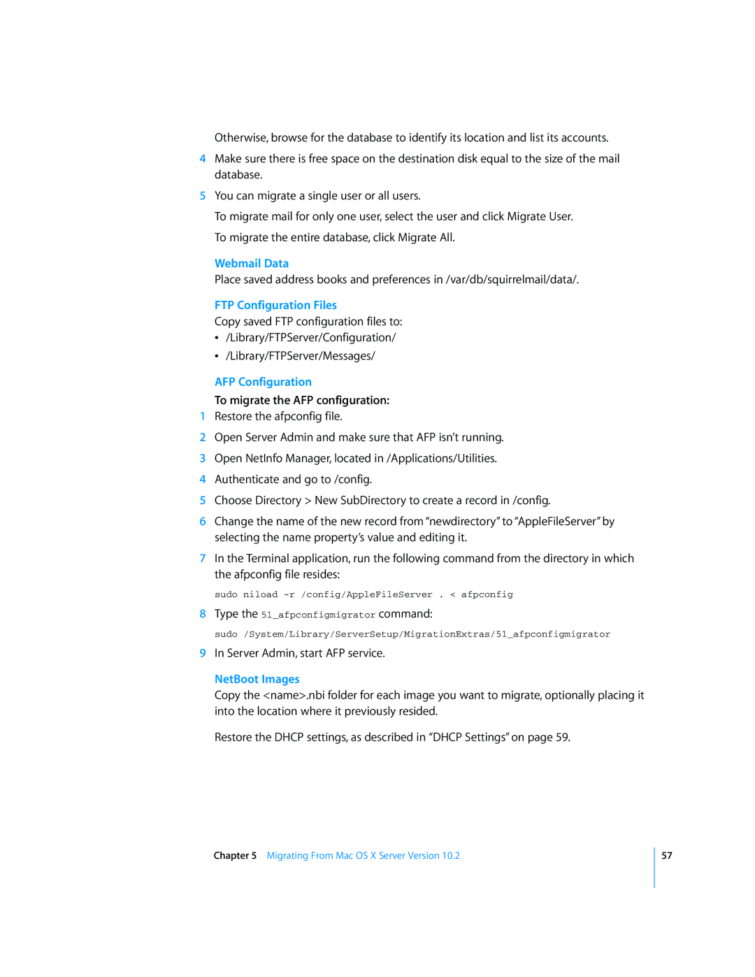 Apple Mac OS X manual Webmail Data, To migrate the AFP configuration 