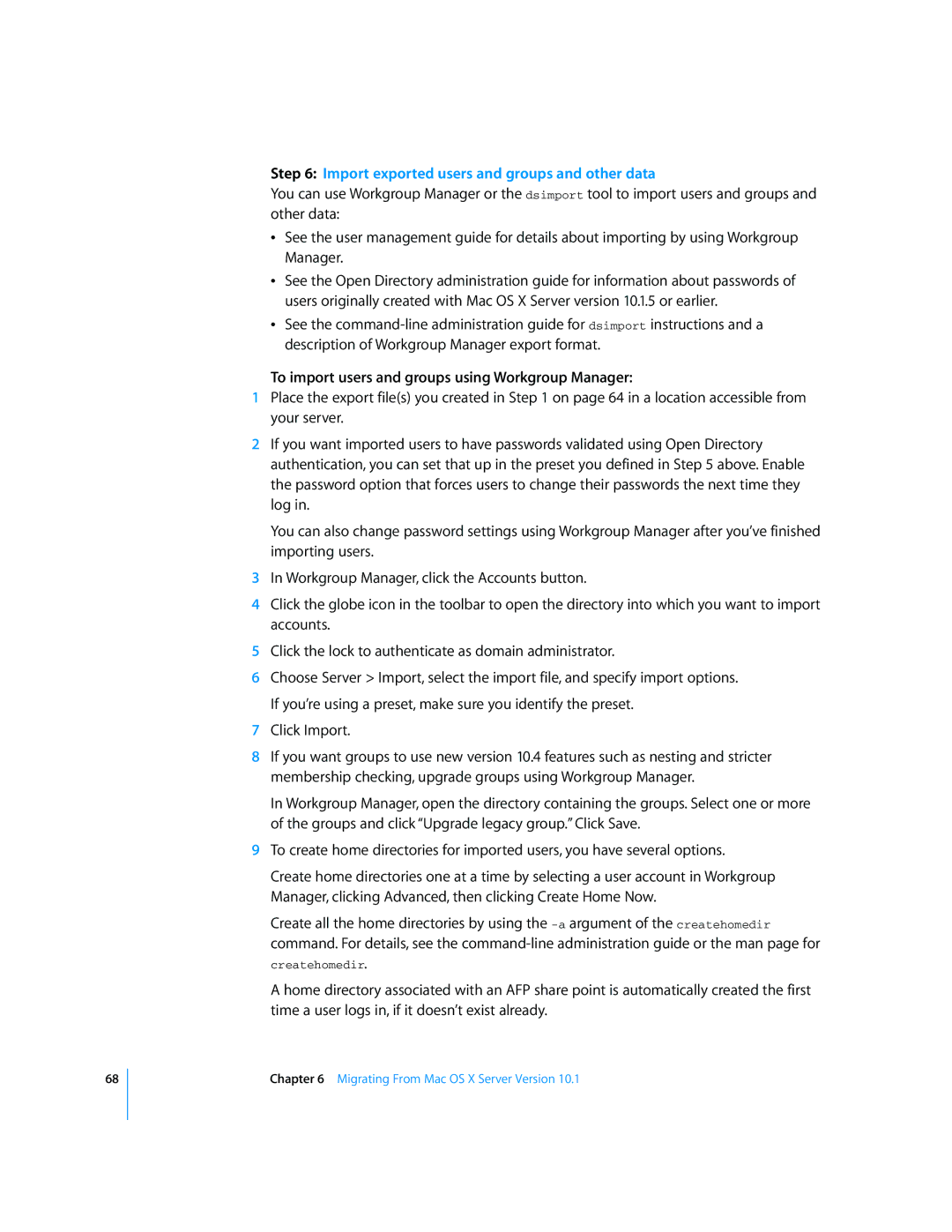 Apple Mac OS X manual Import exported users and groups and other data, To import users and groups using Workgroup Manager 