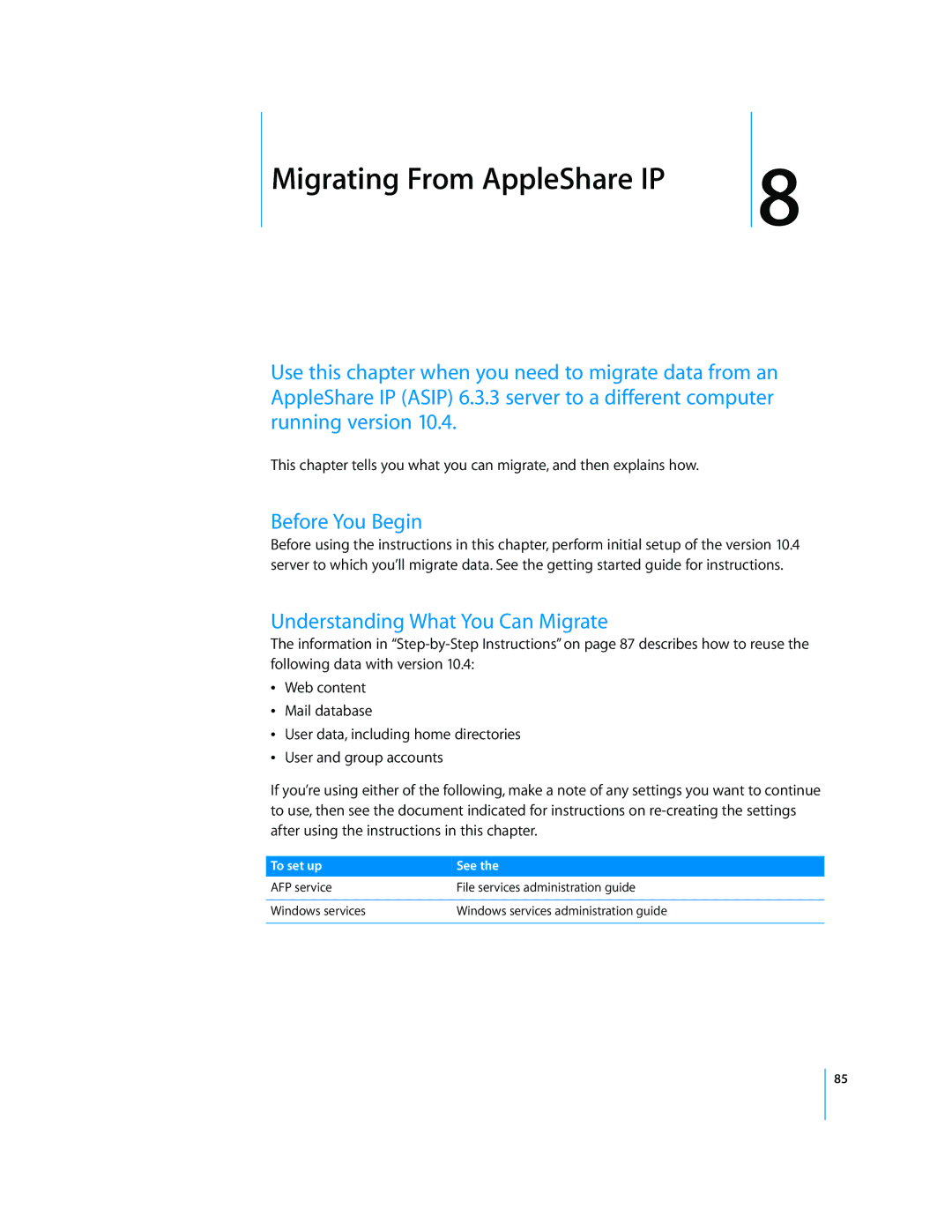 Apple Mac OS X manual Migrating From AppleShare IP 