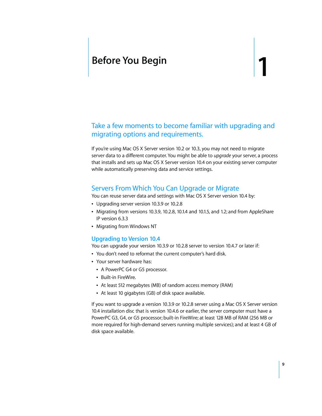 Apple Mac OS X manual Before You Begin, Servers From Which You Can Upgrade or Migrate 