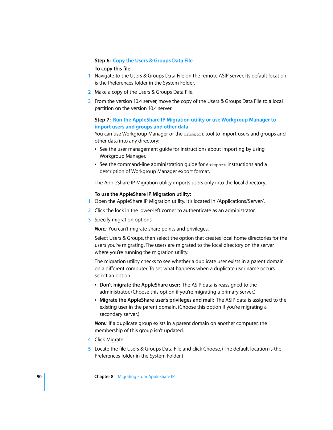 Apple Mac OS X manual Copy the Users & Groups Data File, To copy this file, To use the AppleShare IP Migration utility 