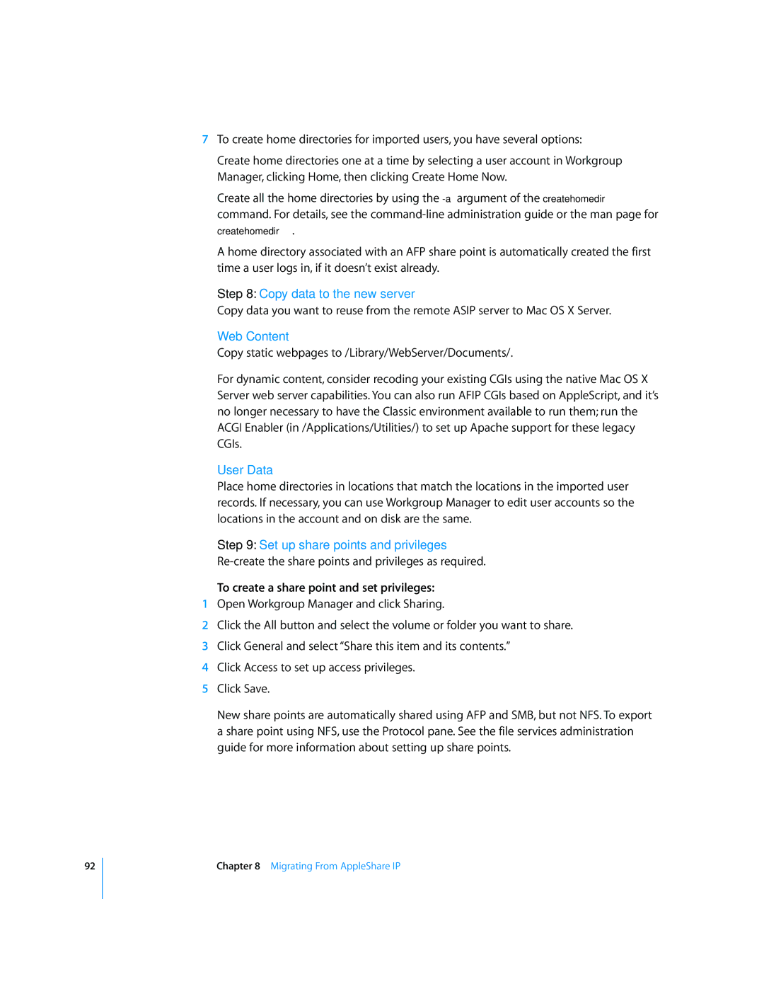 Apple Mac OS X manual Copy data to the new server, Web Content 