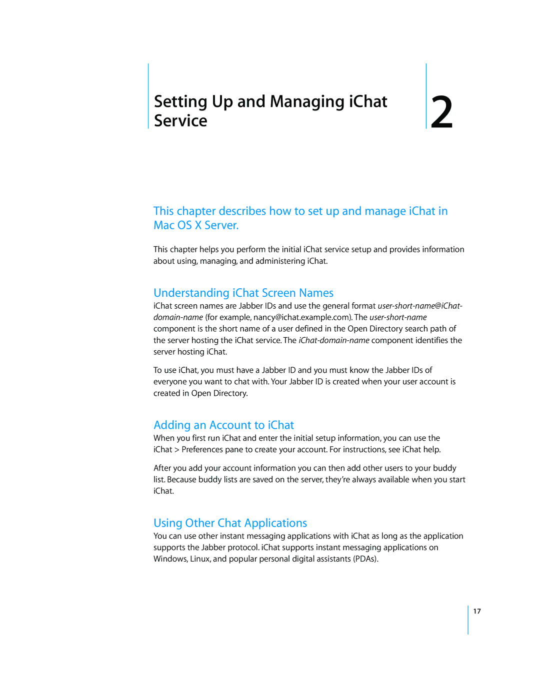 Apple Mac OS manual Service, Understanding iChat Screen Names, Adding an Account to iChat, Using Other Chat Applications 
