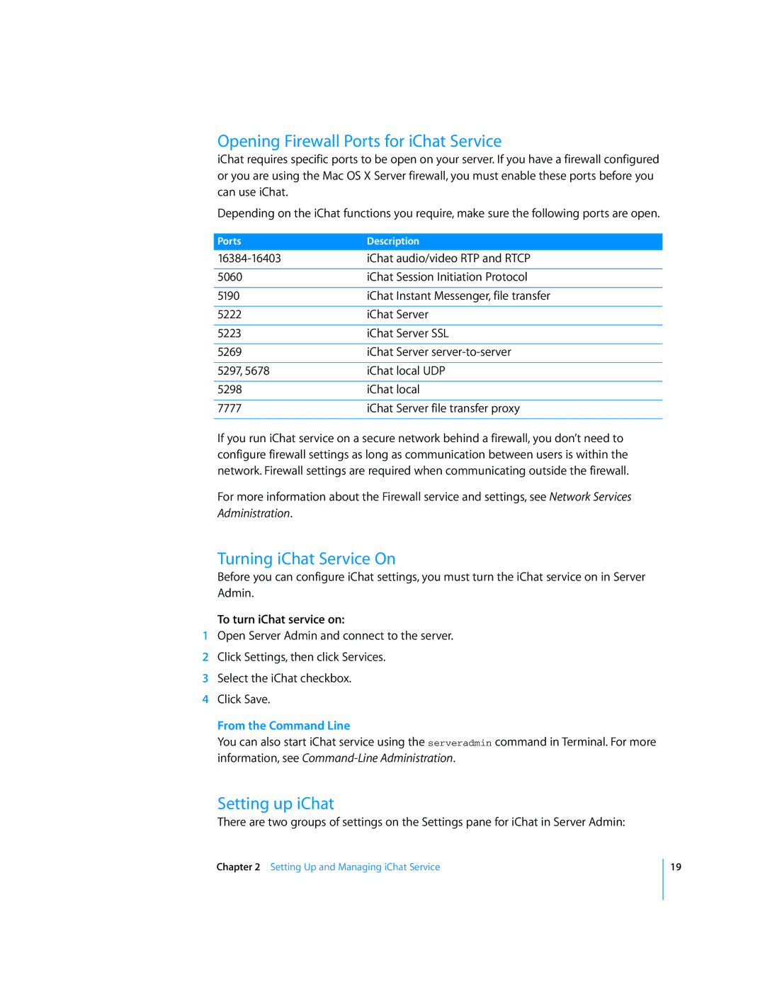 Apple Mac OS manual Opening Firewall Ports for iChat Service, Turning iChat Service On, Setting up iChat 