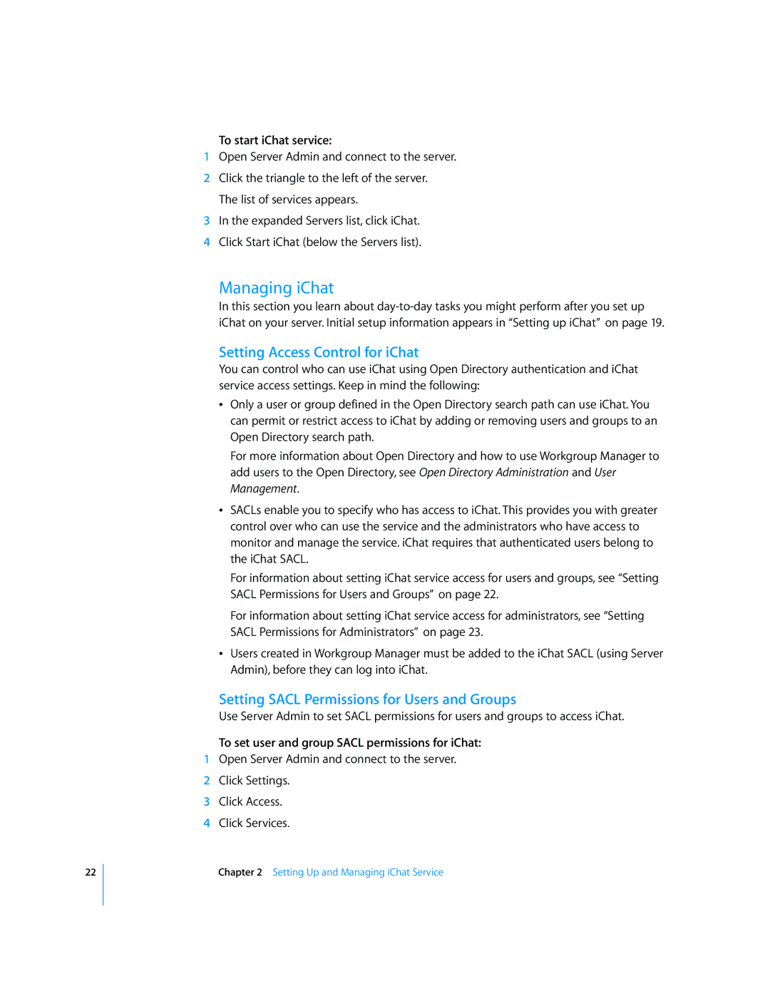 Apple Mac OS manual Managing iChat, Setting Access Control for iChat, Setting Sacl Permissions for Users and Groups 