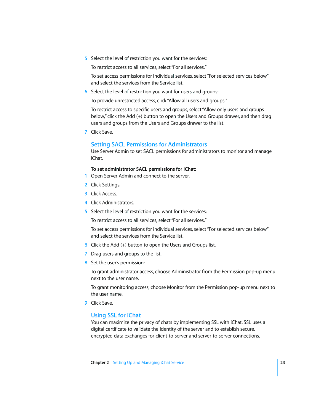 Apple Mac OS manual Setting Sacl Permissions for Administrators, Using SSL for iChat 