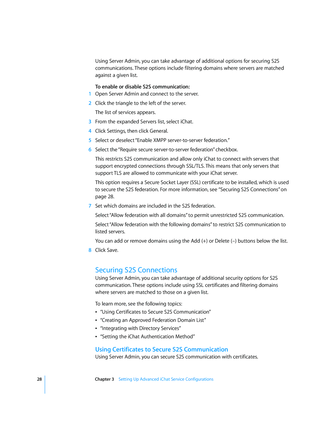 Apple Mac OS manual Securing S2S Connections, Using Certificates to Secure S2S Communication 