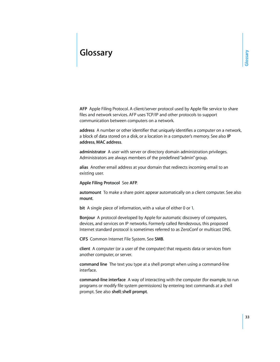 Apple Mac OS manual Glossary, Apple Filing Protocol See AFP 