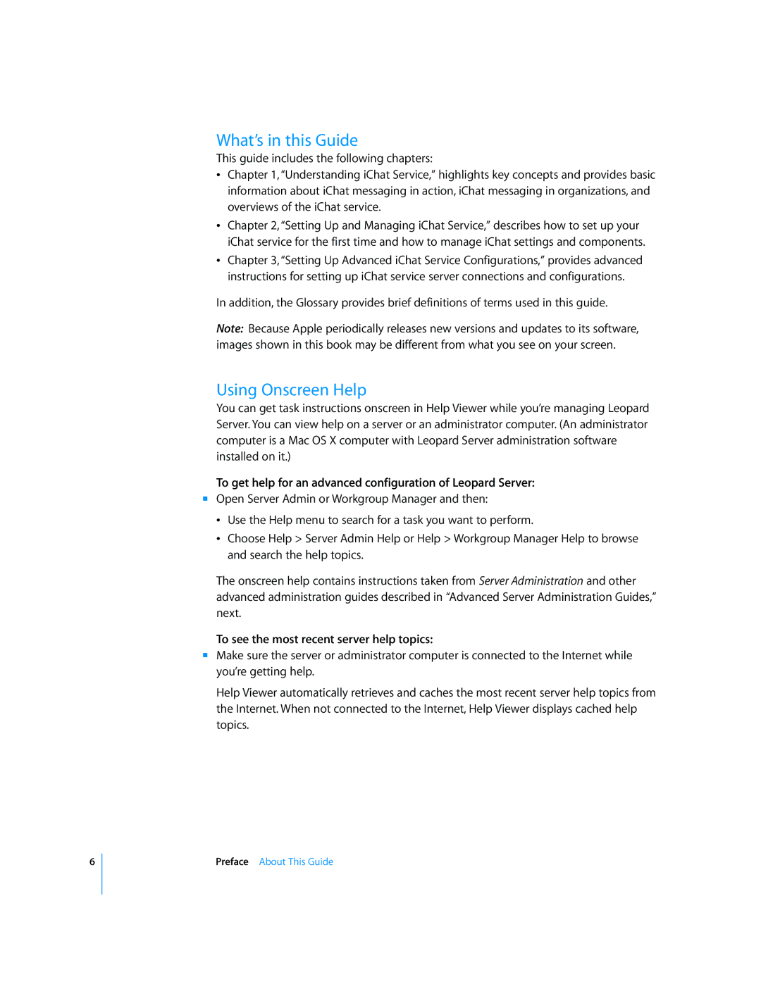 Apple Mac OS manual What’s in this Guide, Using Onscreen Help, To get help for an advanced configuration of Leopard Server 