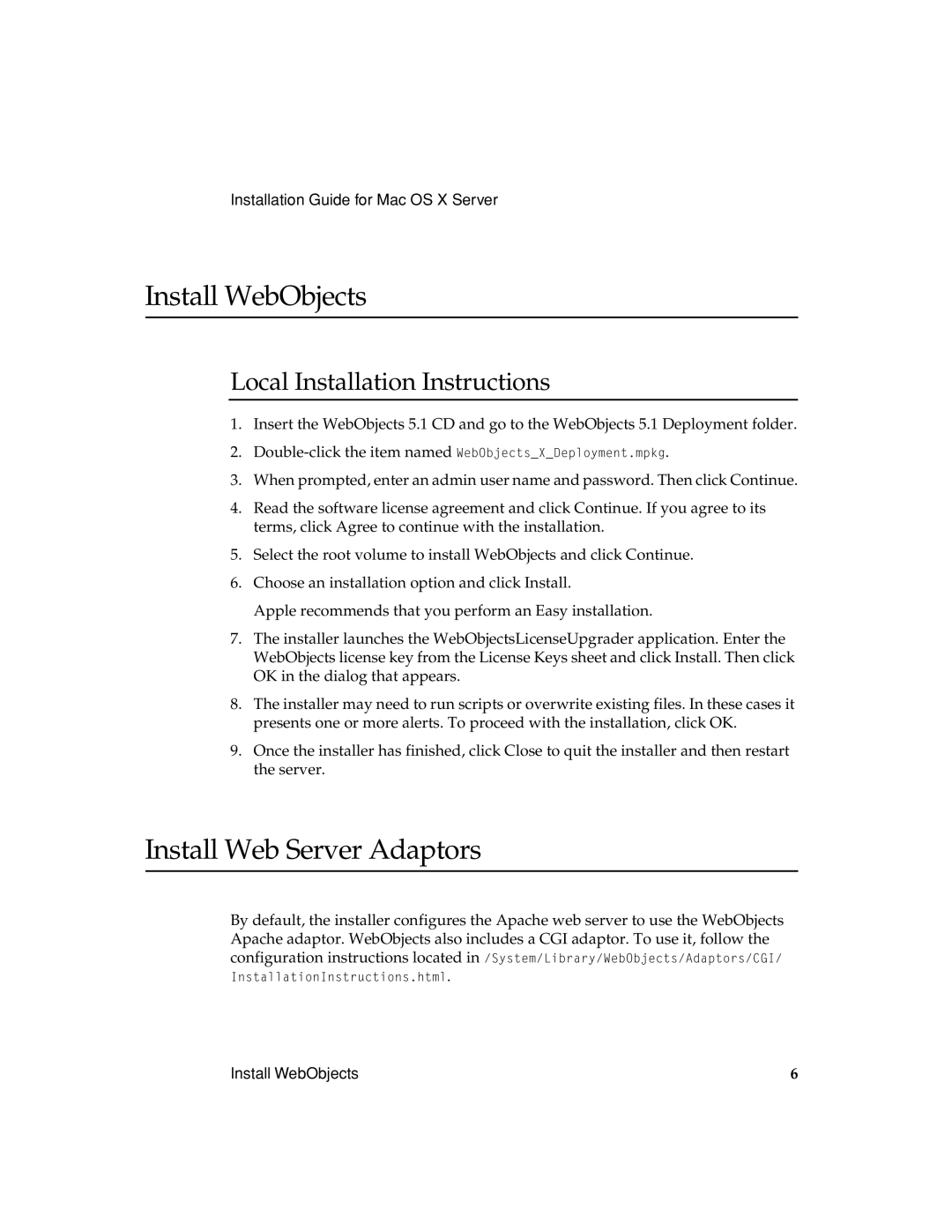 Apple mac ox s server manual Install WebObjects, Install Web Server Adaptors 