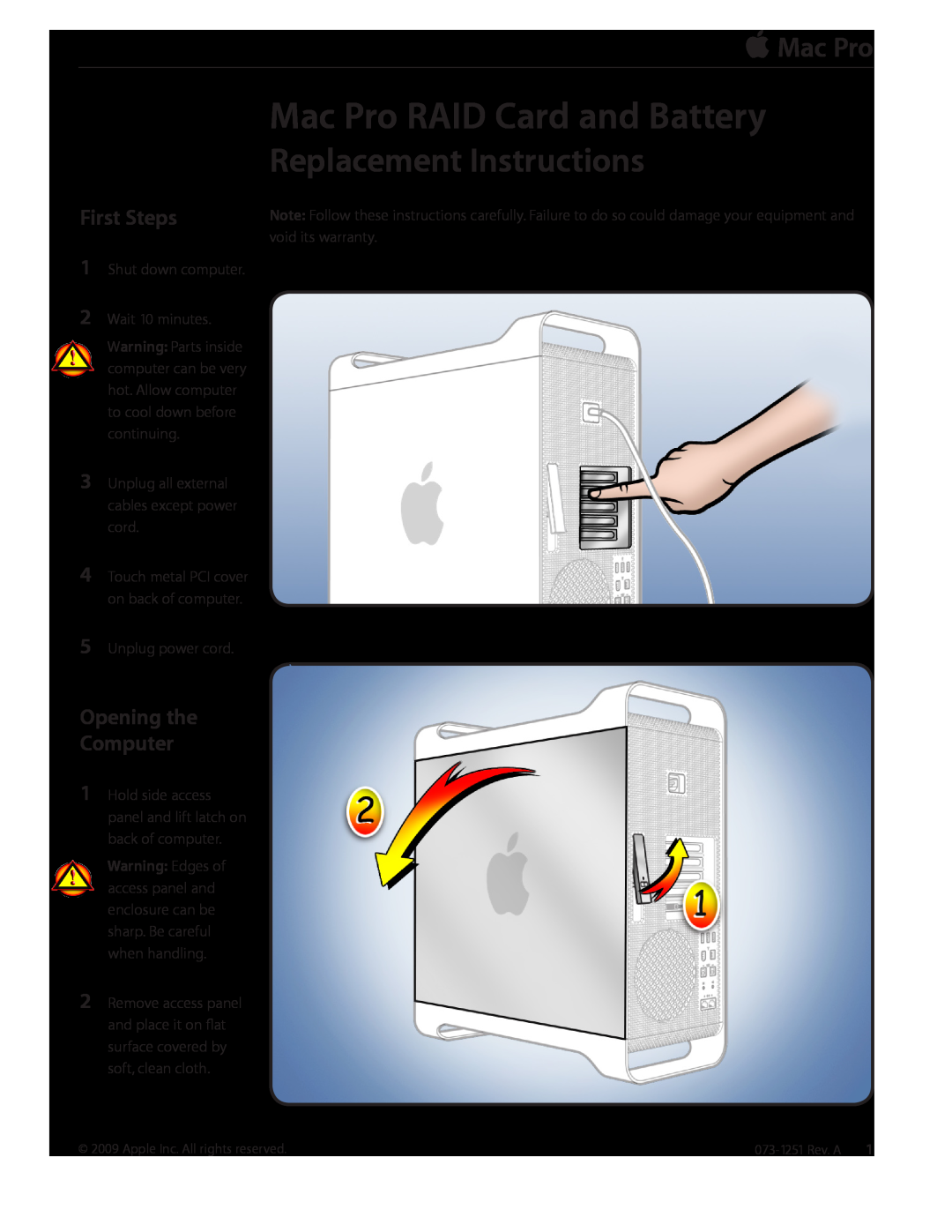 Apple Mac Pro RAID Card and Battery warranty First Steps, Opening the Computer, Shut down computer 2 Wait 10 minutes 