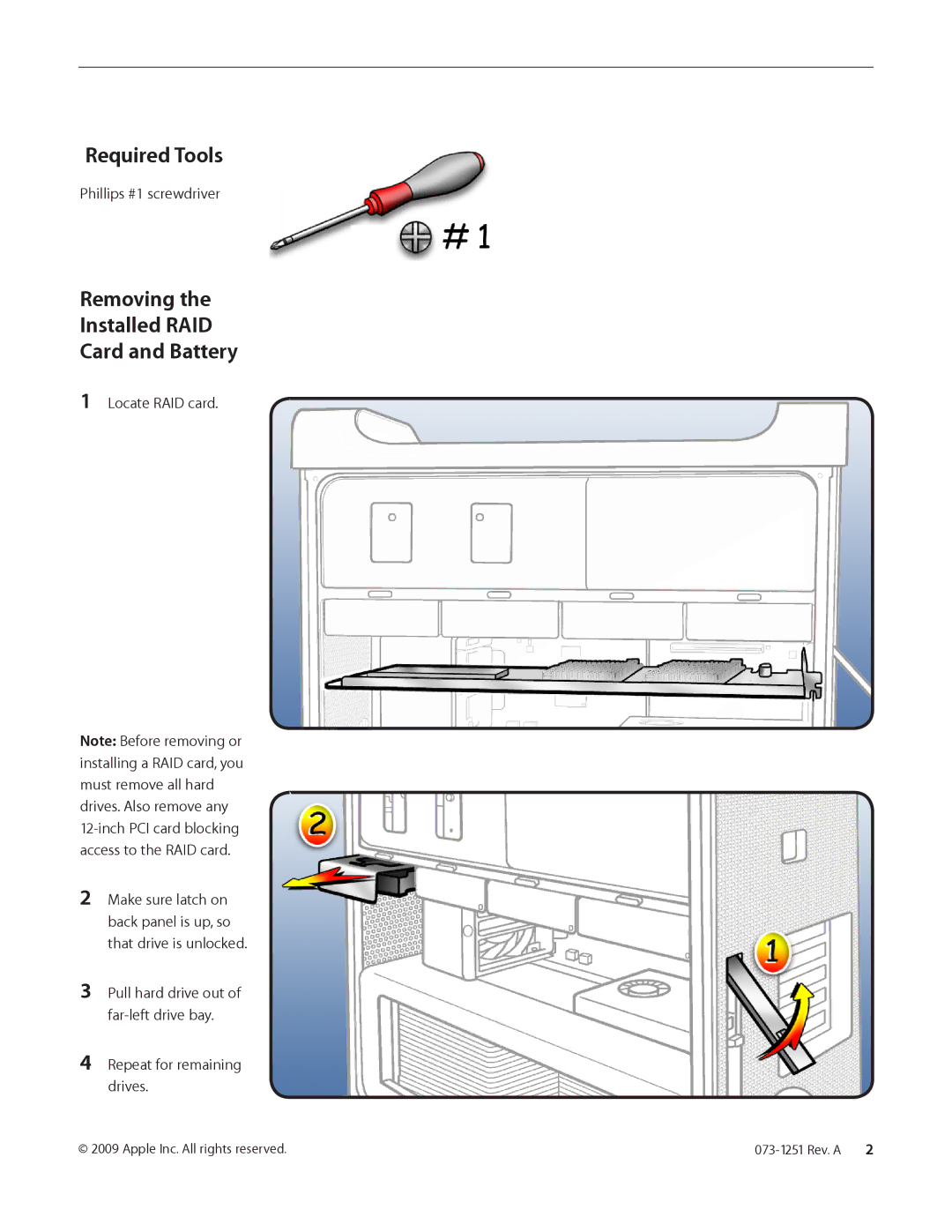 Apple Mac Pro RAID Card and Battery Required Tools, Removing Installed RAID Card and Battery, Phillips #1 screwdriver 