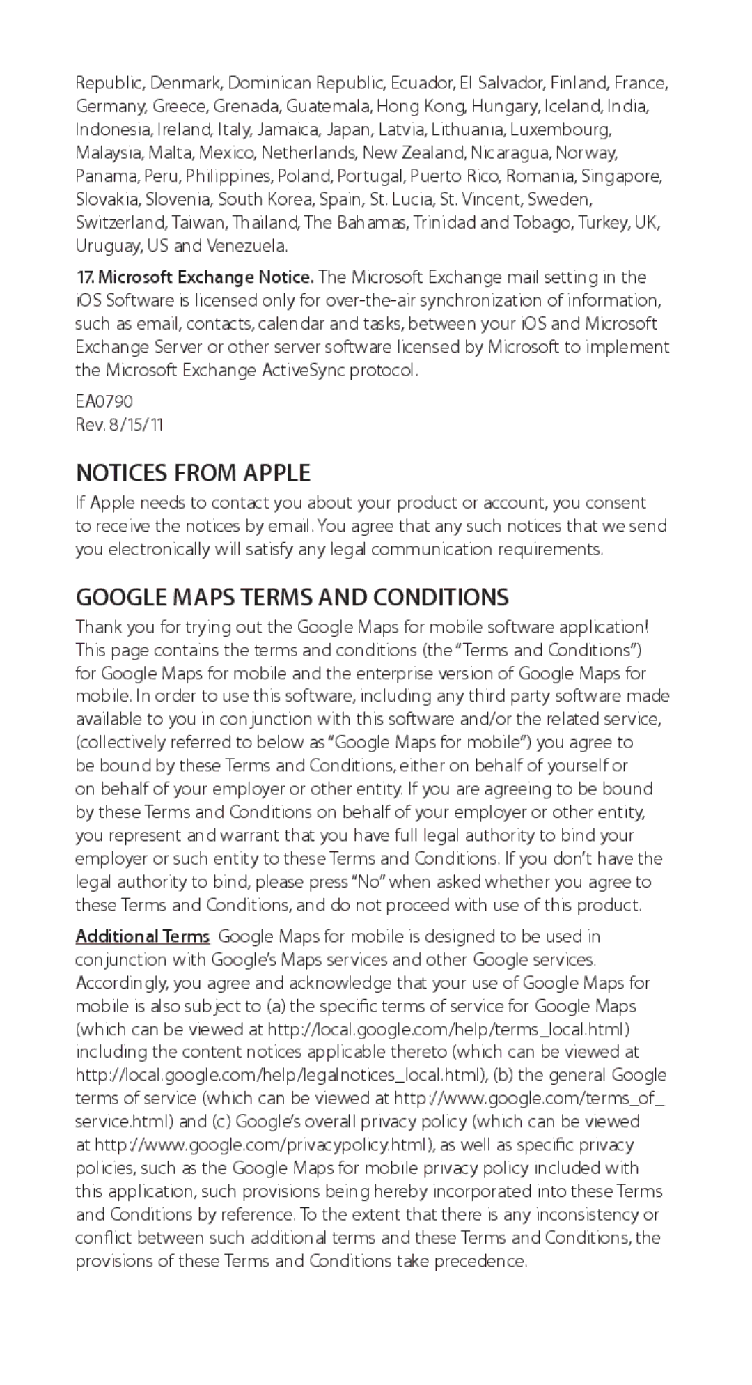 Apple MB702LL/A manual Google Maps Terms and Conditions 