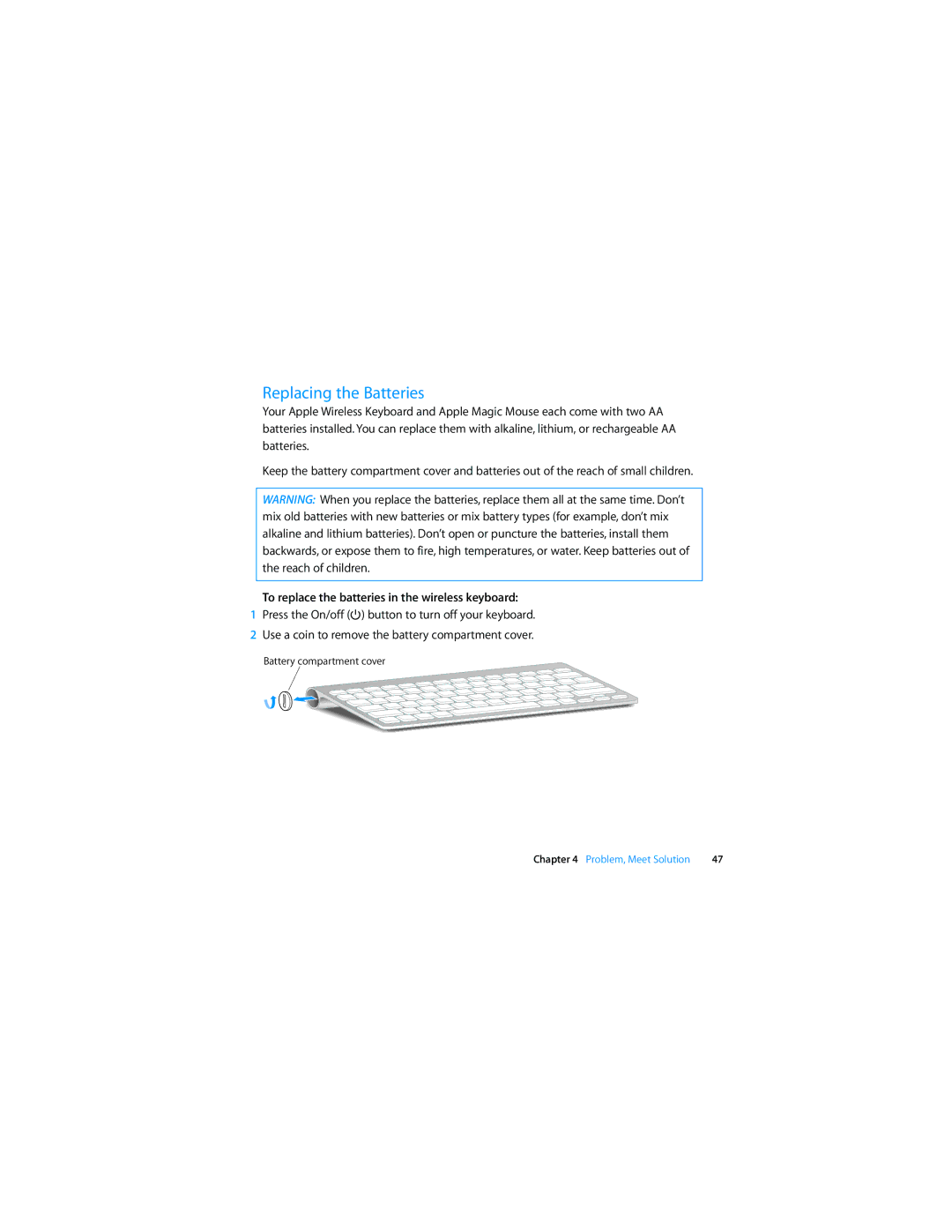 Apple MB953LL/A manual Replacing the Batteries, To replace the batteries in the wireless keyboard 