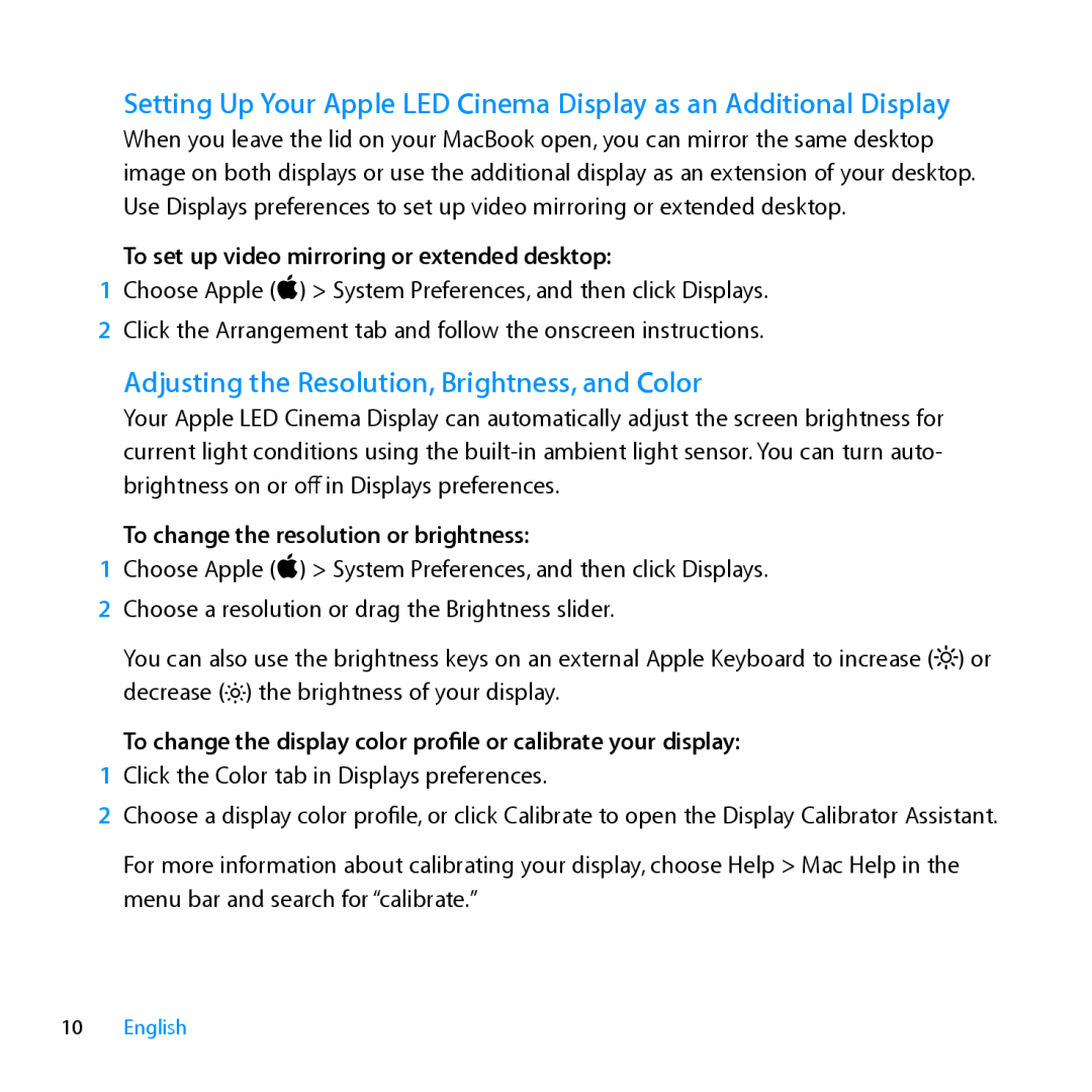 Apple MC007LL/A manual Adjusting the Resolution, Brightness, and Color, To set up video mirroring or extended desktop 