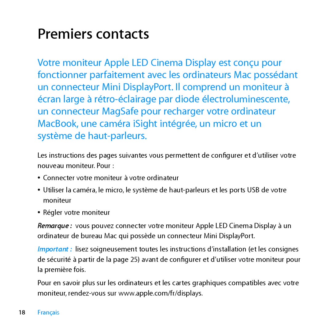 Apple MC007LL/A manual Premiers contacts 