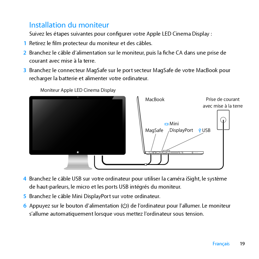 Apple MC007LL/A manual Installation du moniteur 
