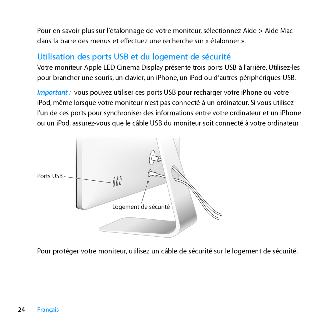 Apple MC007LL/A manual Utilisation des ports USB et du logement de sécurité, Français 