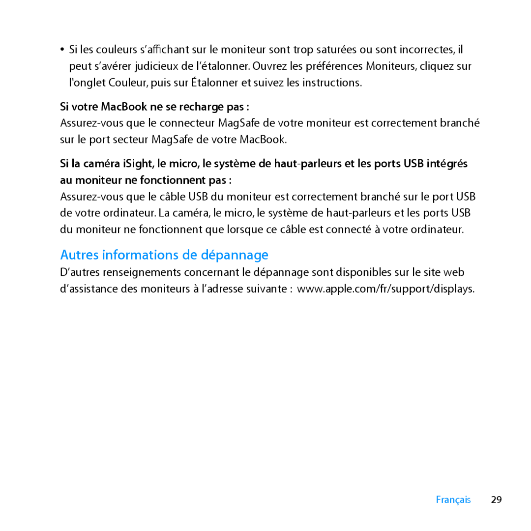 Apple MC007LL/A manual Autres informations de dépannage, Si votre MacBook ne se recharge pas, Français 
