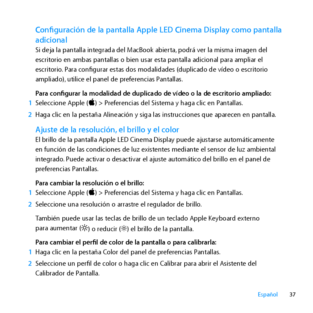Apple MC007LL/A manual Ajuste de la resolución, el brillo y el color, Para cambiar la resolución o el brillo 