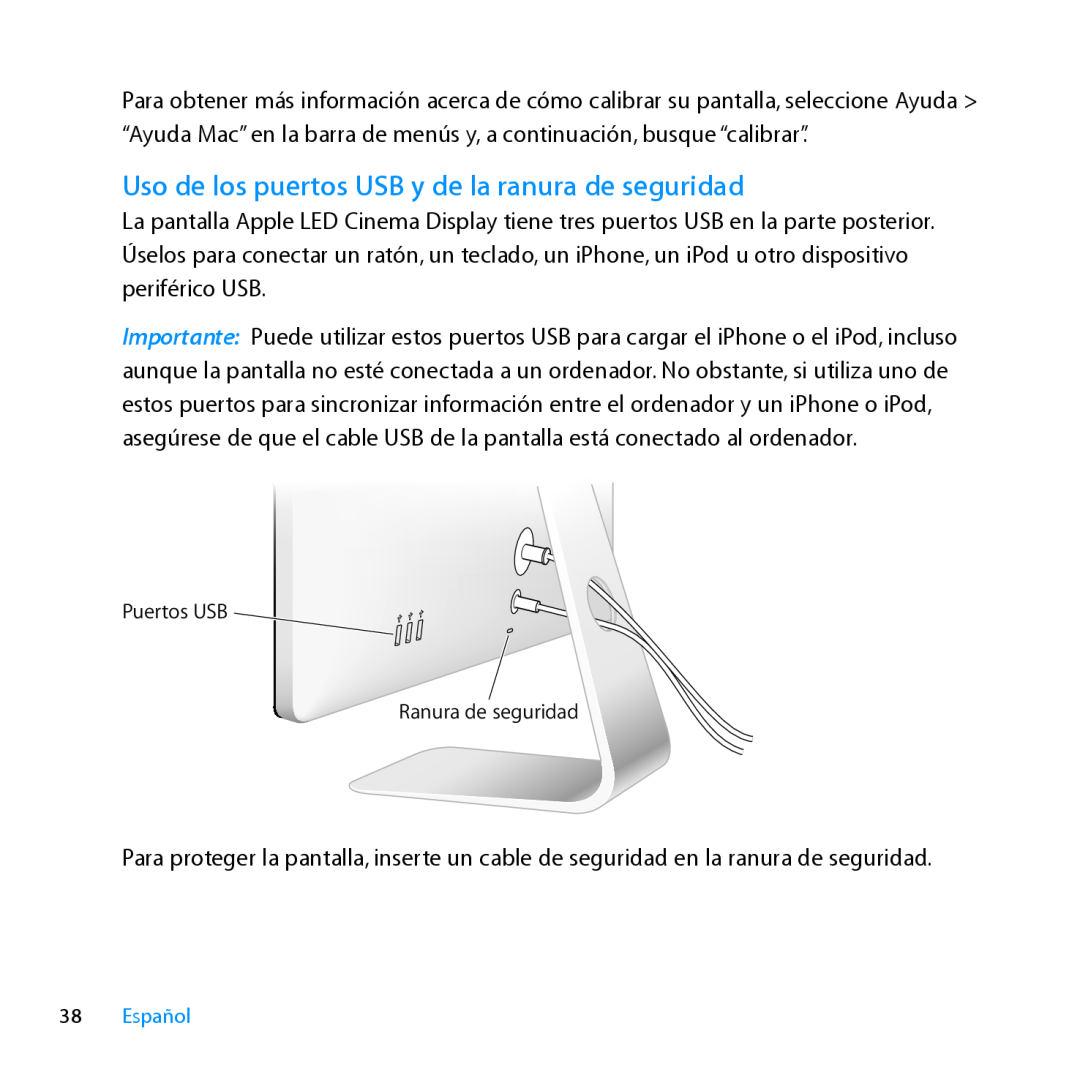 Apple MC007LL/A manual Uso de los puertos USB y de la ranura de seguridad, Español 