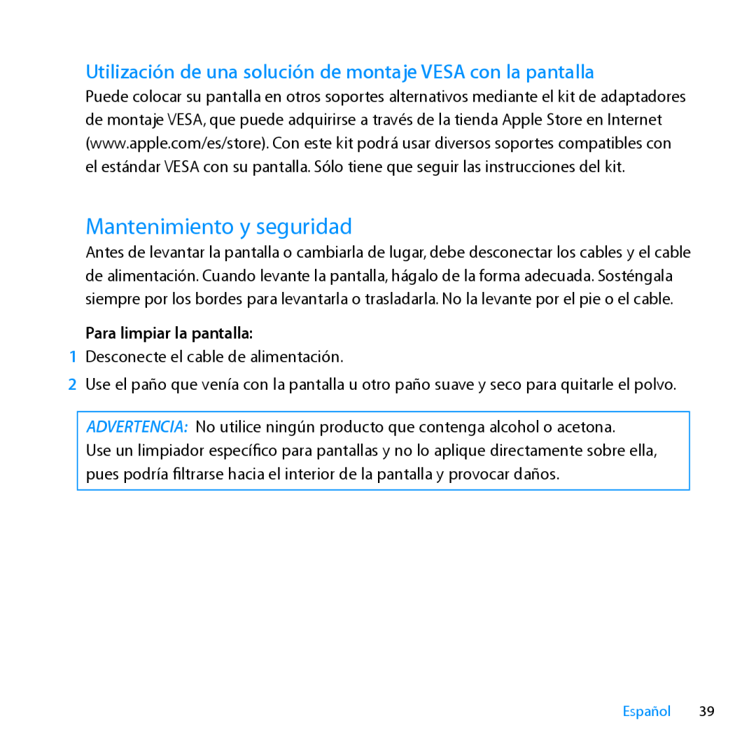 Apple MC007LL/A manual Mantenimiento y seguridad, Utilización de una solución de montaje VESA con la pantalla, Español 