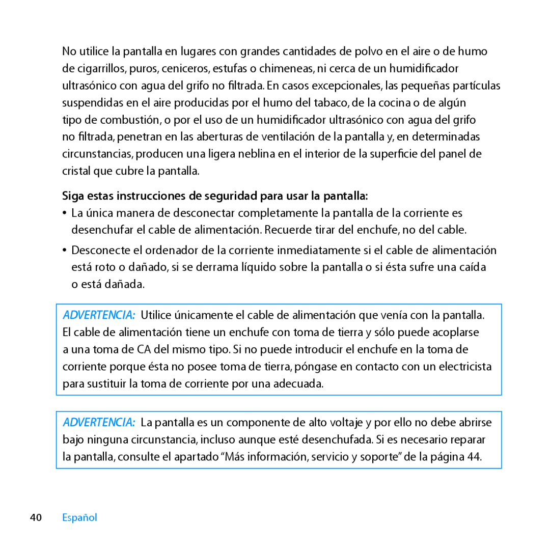 Apple MC007LL/A manual Siga estas instrucciones de seguridad para usar la pantalla, Español 
